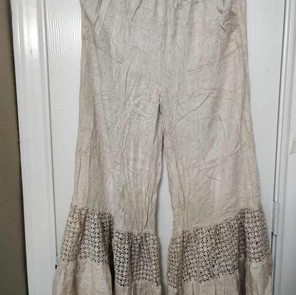 Umgee Cream Wide Leg Pants with Lace Detail - Picture 3 of 4